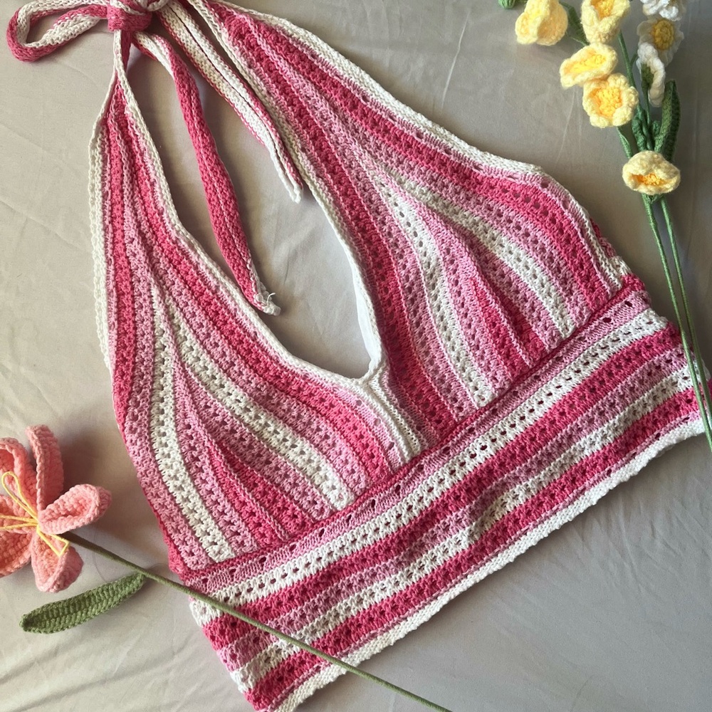 Hollister Pink and White Striped Crochet Crop Top